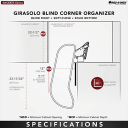 Single-Tier Girasolo Left-Hand Wood Classic Shelves Blind Corner Optimizer with Soft-Close for 12" Corner Cabinet, Light Brown Alt 2 - Image