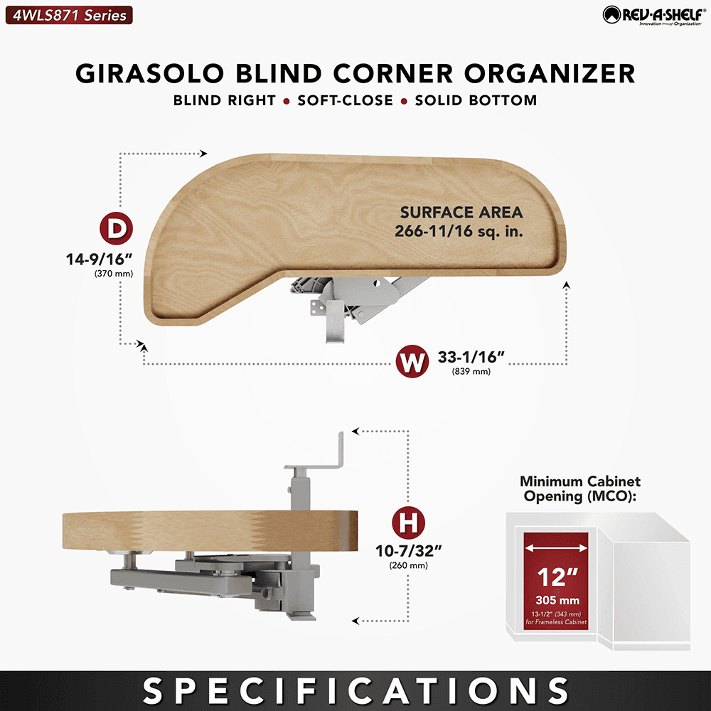 Single-Tier Girasolo Left-Hand Wood Classic Shelves Blind Corner Optimizer with Soft-Close for 12" Corner Cabinet, Light Brown Alt 3 - Image