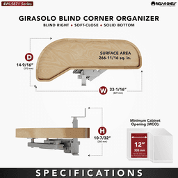 Single-Tier Girasolo Left-Hand Wood Classic Shelves Blind Corner Optimizer with Soft-Close for 12" Corner Cabinet, Light Brown Alt 3 - Image