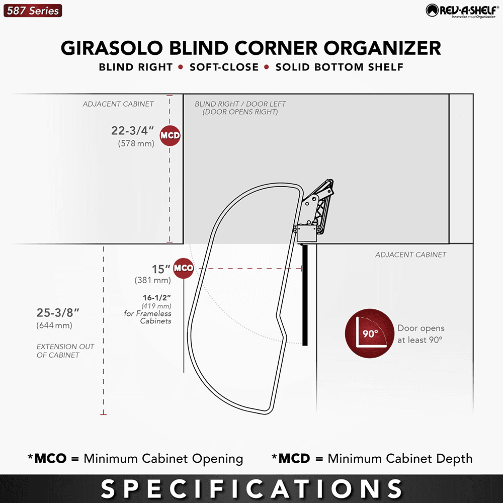 Single-Tier Girasolo Left-Hand Wood Classic Shelves Blind Corner Optimizer with Soft-Close for 15" Corner Cabinet, Light Brown Alt 1 - Image