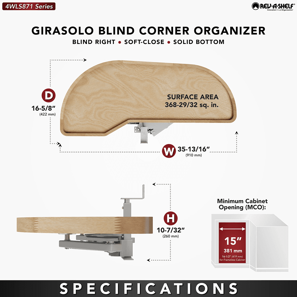 Single-Tier Girasolo Left-Hand Wood Classic Shelves Blind Corner Optimizer with Soft-Close for 15" Corner Cabinet, Light Brown Alt 2 - Image