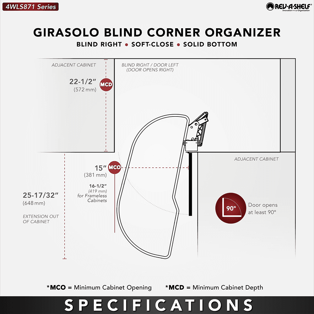 Single-Tier Girasolo Left-Hand Wood Classic Shelves Blind Corner Optimizer with Soft-Close for 15" Corner Cabinet, Light Brown Alt 3 - Image