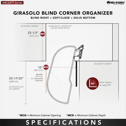 Single-Tier Girasolo Left-Hand Wood Classic Shelves Blind Corner Optimizer with Soft-Close for 15" Corner Cabinet, Light Brown Alt 3 - Image