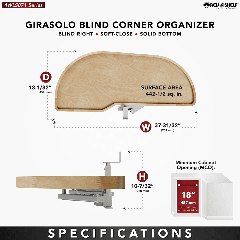 Single-Tier Girasolo Left-Hand Wood Classic Shelves Blind Corner Optimizer with Soft-Close for 18" Corner Cabinet, Light Brown Alt 2 - Image