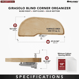 Single-Tier Girasolo Left-Hand Wood Classic Shelves Blind Corner Optimizer with Soft-Close for 18" Corner Cabinet, Light Brown Alt 2 - Image