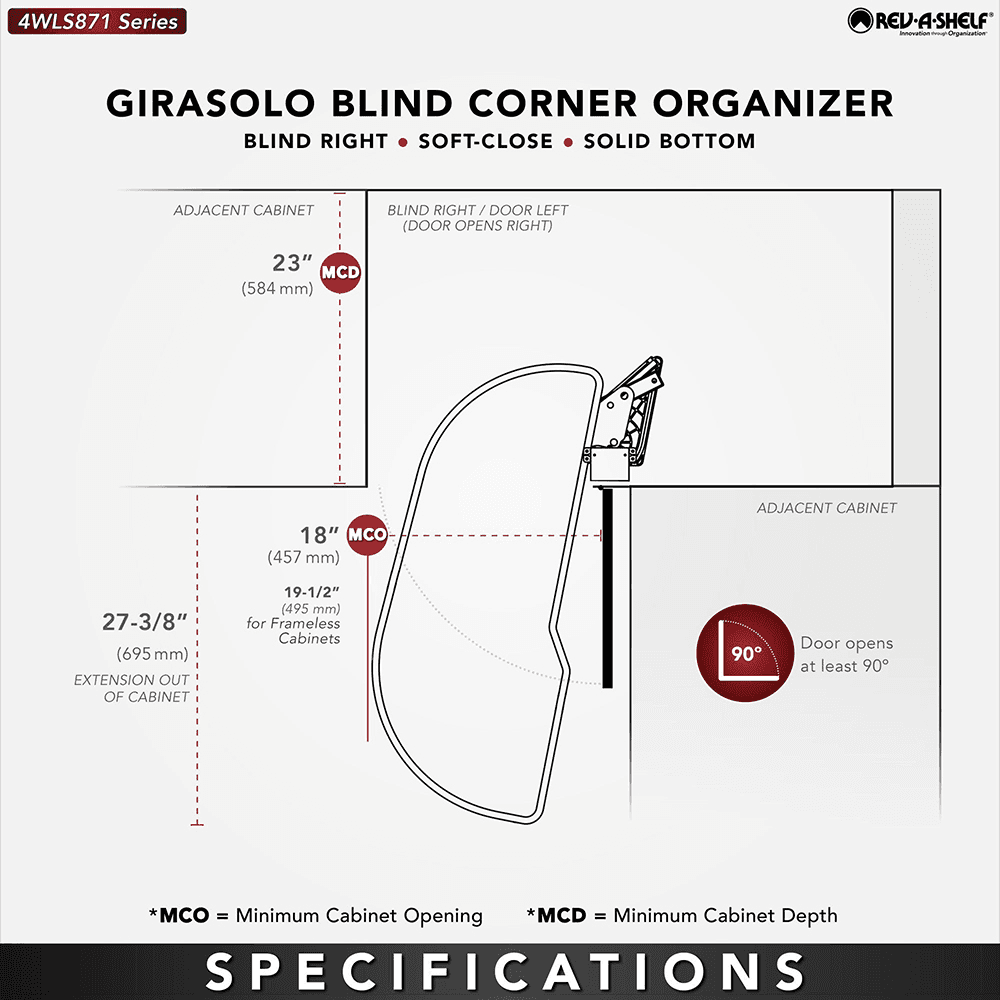 Single-Tier Girasolo Left-Hand Wood Classic Shelves Blind Corner Optimizer with Soft-Close for 18" Corner Cabinet, Light Brown Alt 3 - Image