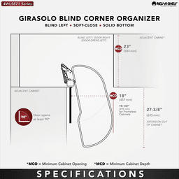 Single-Tier Girasolo Right-Hand Wood Classic Shelves Blind Corner Optimizer with Soft-Close for 18" Corner Cabinet, Light Brown Alt 2 - Image