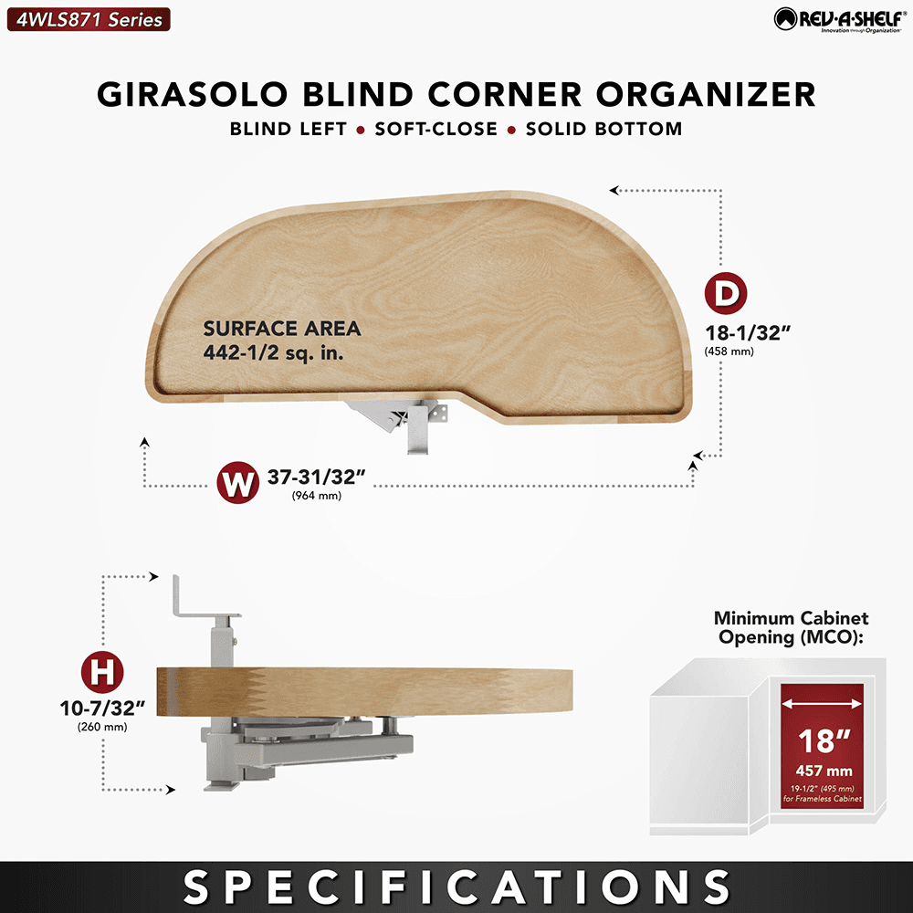 Single-Tier Girasolo Right-Hand Wood Classic Shelves Blind Corner Optimizer with Soft-Close for 18" Corner Cabinet, Light Brown Alt 3 - Image