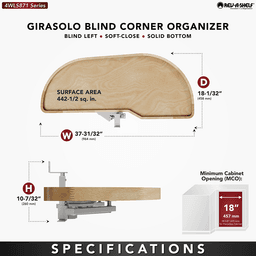 Single-Tier Girasolo Right-Hand Wood Classic Shelves Blind Corner Optimizer with Soft-Close for 18" Corner Cabinet, Light Brown Alt 3 - Image