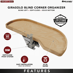 Single-Tier Girasolo Right-Hand Wood Classic Shelves Blind Corner Optimizer with Soft-Close for 18" Corner Cabinet, Light Brown Alt 4 - Image