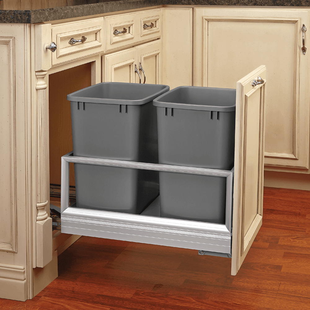 Double 35 QT Bottom-Mount Waste Container Pullout with Rev-A-Motion, Silver - Alt Image 1