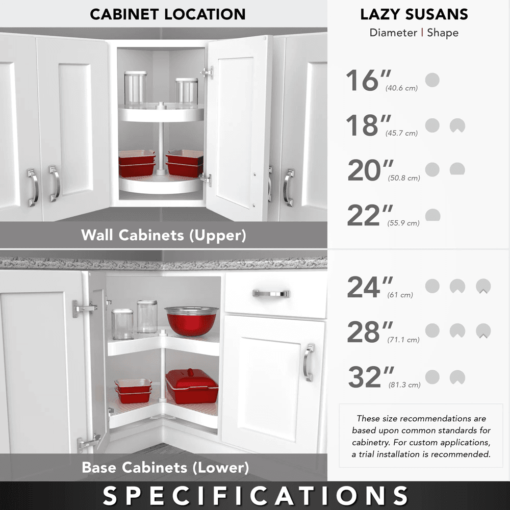 Kidney 2 Tray Lazy Susan for Corner Base Cabinets Specifications