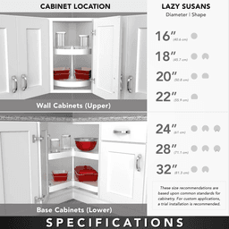 Kidney 2 Tray Lazy Susan for Corner Base Cabinets Specifications