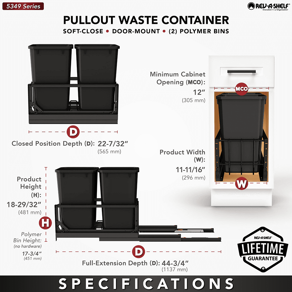 5349 Double 35 QT Aluminum Pullout Waste Container with 1-1/2" Over-Travel Soft-Close Slides, Black Alt 5 - Image