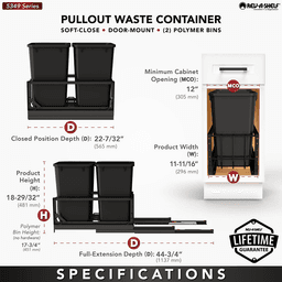 5349 Double 35 QT Aluminum Pullout Waste Container with 1-1/2" Over-Travel Soft-Close Slides, Black Alt 5 - Image