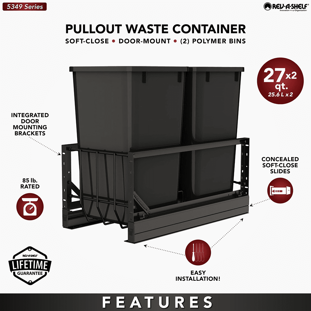 5349 Double 35 QT Aluminum Pullout Waste Container with 1-1/2" Over-Travel Soft-Close Slides, Black Alt 6 - Image