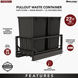 5349 Double 35 QT Aluminum Pullout Waste Container with 1-1/2" Over-Travel Soft-Close Slides, Black Alt 6 - Image