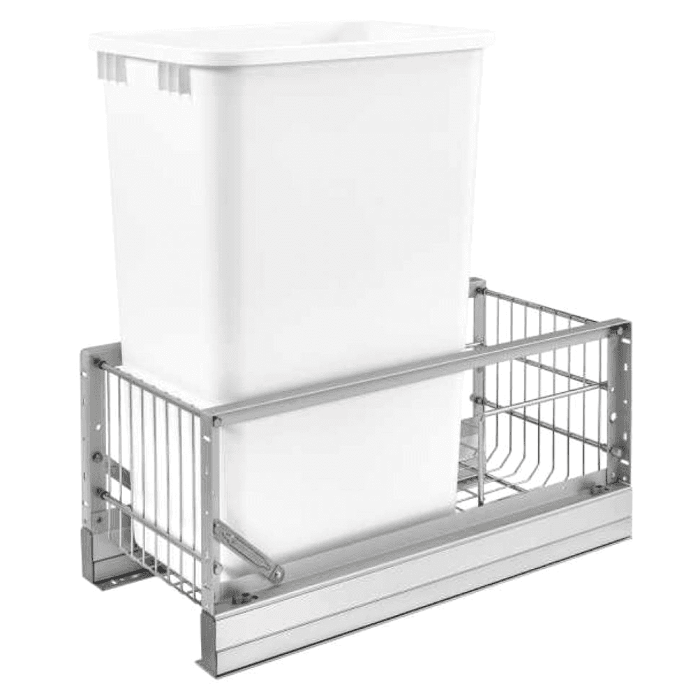 Single 50 QT Bottom-Mount Waste Container Pullout, Full-Extension Soft-Closing, Brushed/White - Main Image