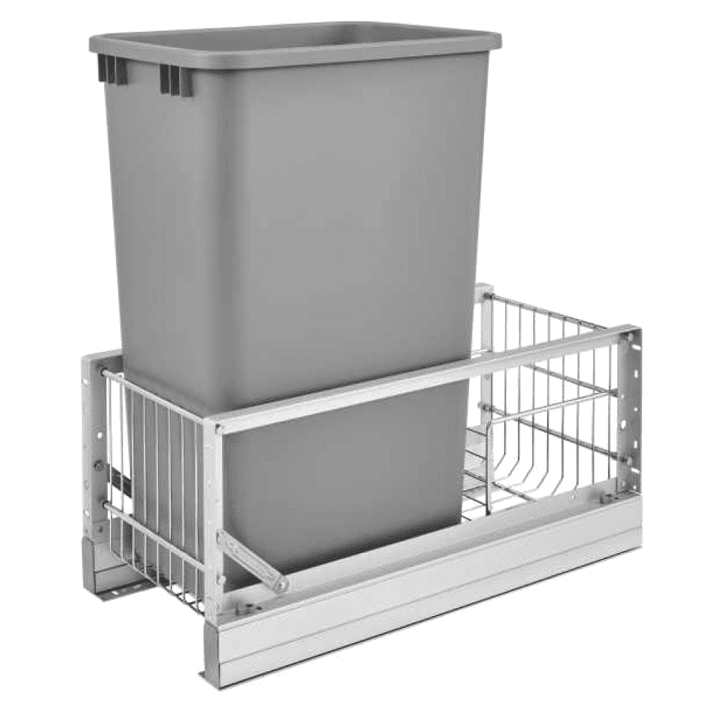 Single 50 QT Bottom-Mount Waste Container Pullout, Full-Extension Soft-Closing, Brushed/White - Alt Image 1