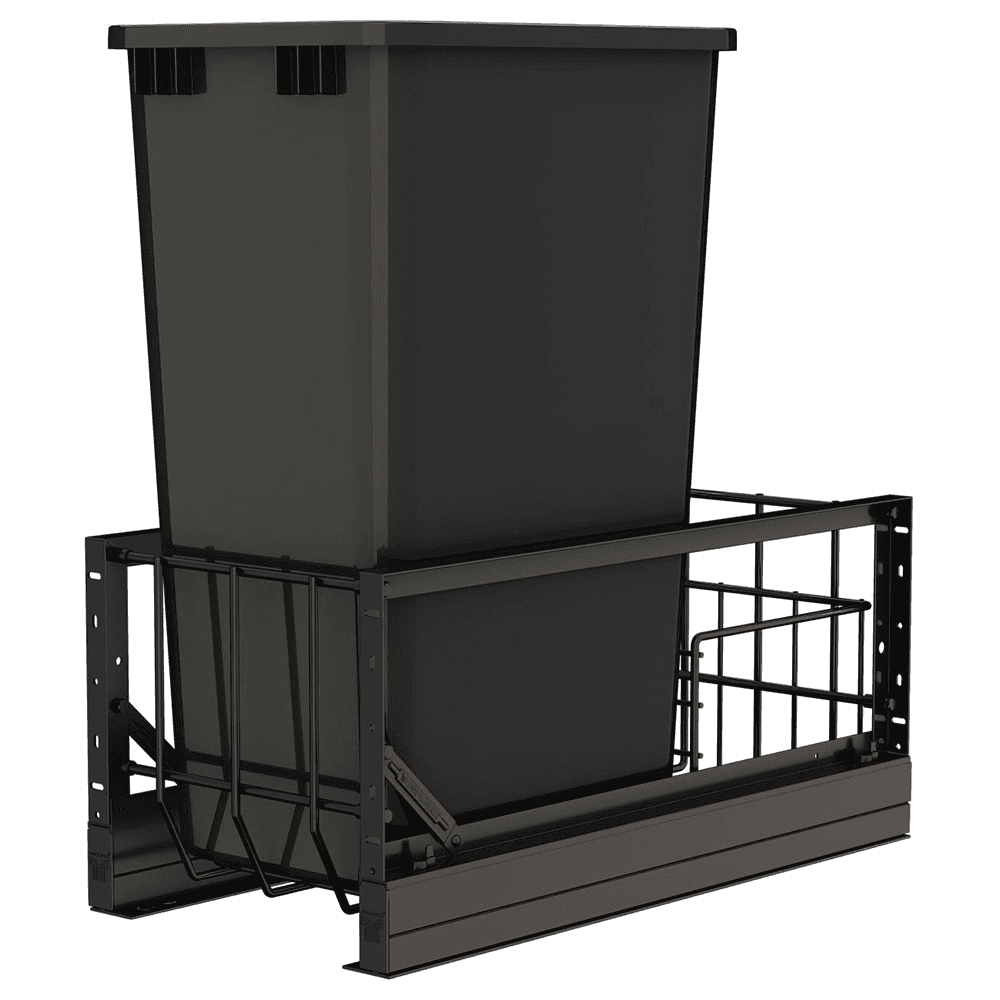 5349 Single 50 QT Aluminum Pullout Waste Container with 1-1/2" Over-Travel Soft-Close Slides, Black Main - Image
