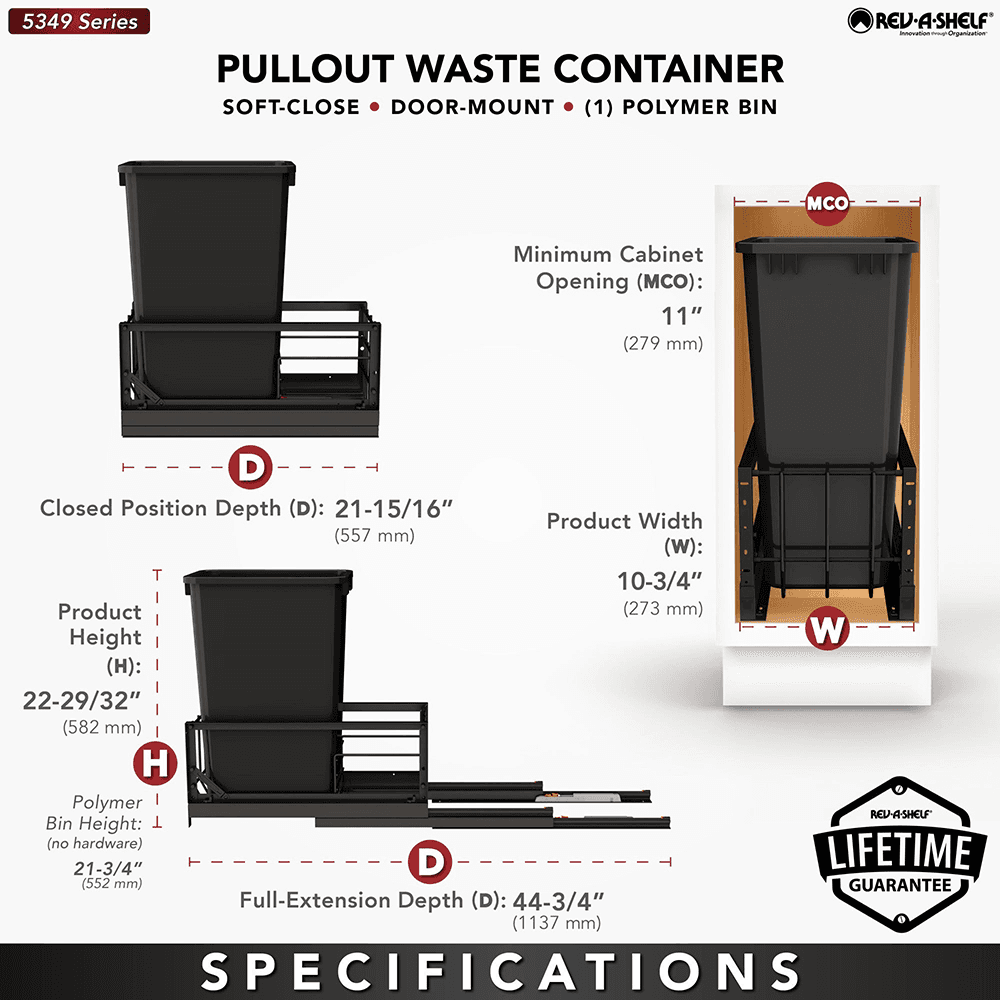 5349 Single 50 QT Aluminum Pullout Waste Container with 1-1/2" Over-Travel Soft-Close Slides, Black Alt 5 - Image