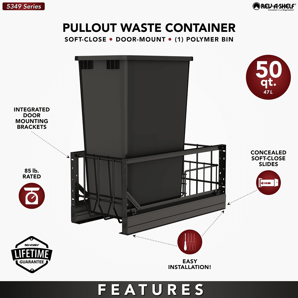5349 Single 50 QT Aluminum Pullout Waste Container with 1-1/2" Over-Travel Soft-Close Slides, Black Alt 6 - Image