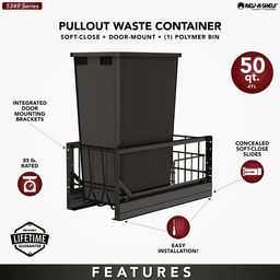 5349 Single 50 QT Aluminum Pullout Waste Container with 1-1/2" Over-Travel Soft-Close Slides, Black Alt 6 - Image