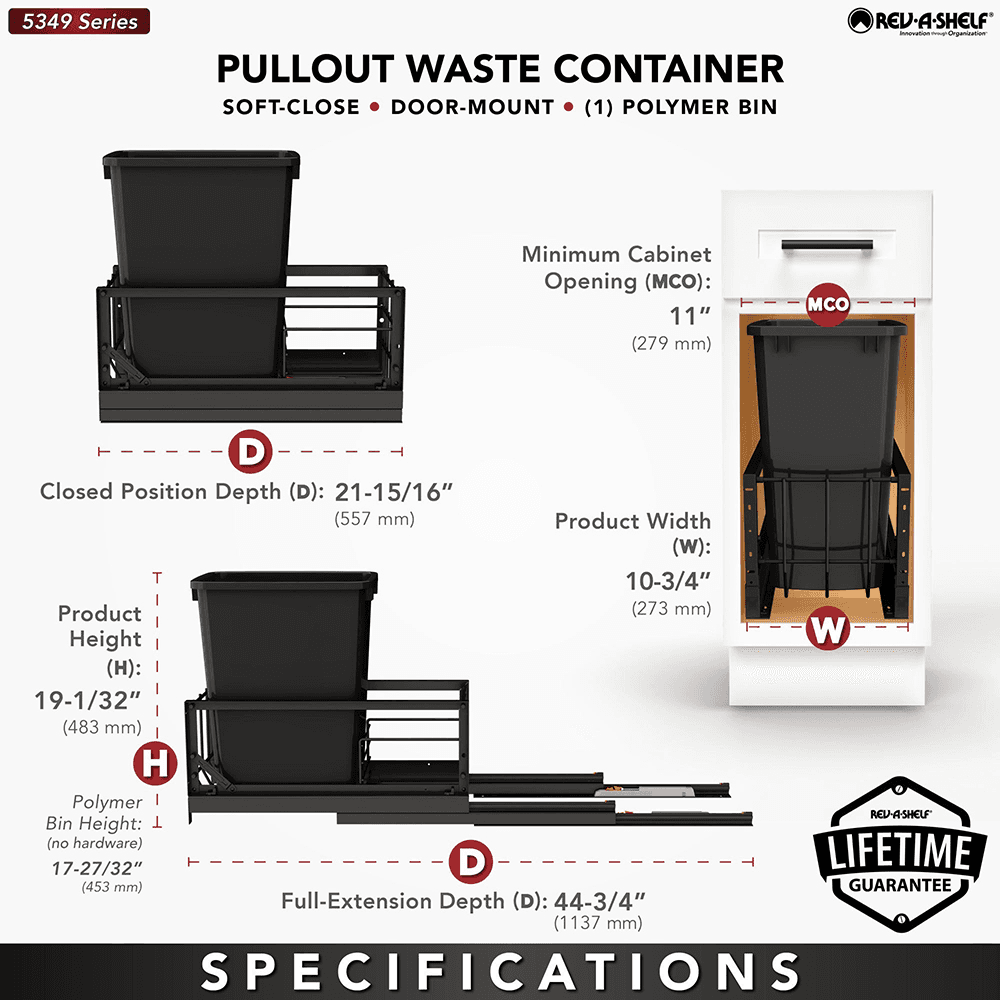 5349 Single 35 QT Aluminum Pullout Waste Container with 1-1/2" Over-Travel Soft-Close Slides, Black Alt 5 - Image