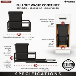 5349 Single 35 QT Aluminum Pullout Waste Container with 1-1/2" Over-Travel Soft-Close Slides, Black Alt 5 - Image