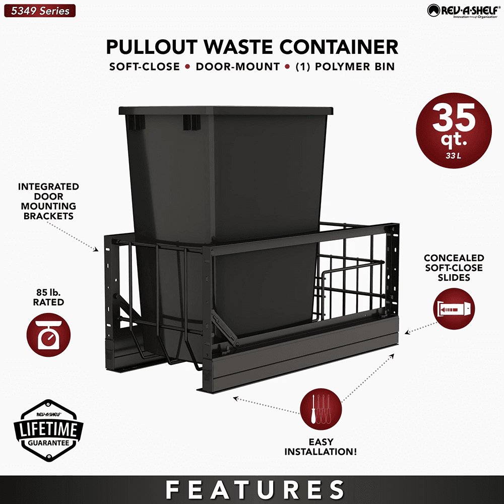 5349 Single 35 QT Aluminum Pullout Waste Container with 1-1/2" Over-Travel Soft-Close Slides, Black Alt 6 - Image