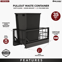 5349 Single 35 QT Aluminum Pullout Waste Container with 1-1/2" Over-Travel Soft-Close Slides, Black Alt 6 - Image