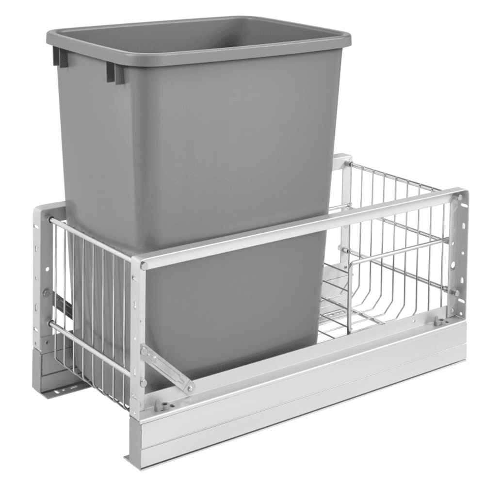 Single 35 QT Bottom-Mount Waste Container Pullout, Soft-Closing, Metallic Silver - Main Image