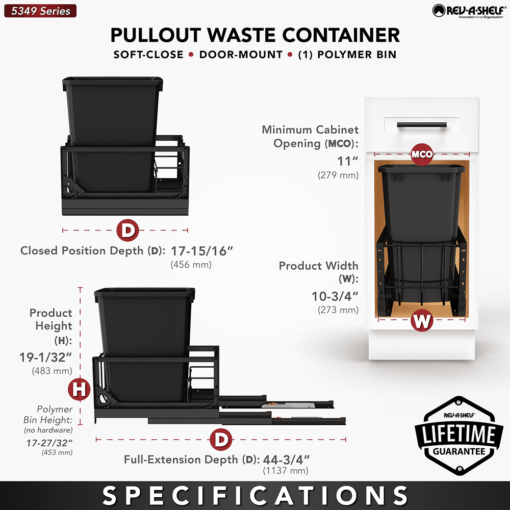 5349 Single 35 QT Aluminum Pullout Waste Container with Soft-Close, Black Alt 5 - Image