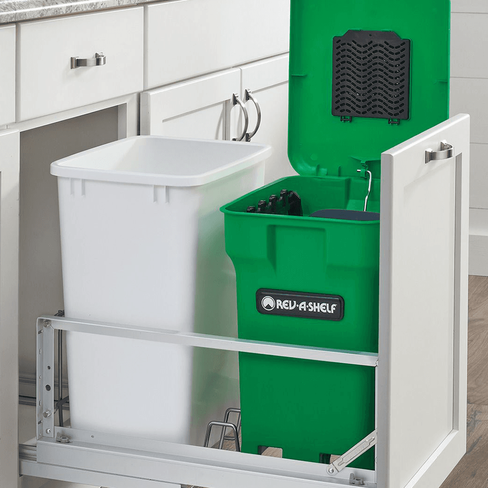 Double 35 QT Bottom-Mount Waste Container Pullout with Soft-Closing, Green - Alt Image 1