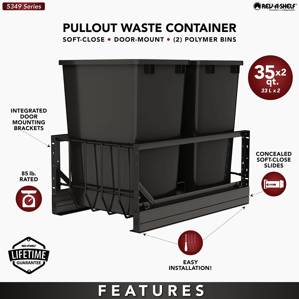 5349 Double 35 QT Aluminum Pullout Waste Container with 1-1/2" Over-Travel Soft-Close Slides, Black Alt 6 - Image