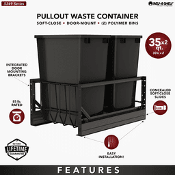 5349 Double 35 QT Aluminum Pullout Waste Container with 1-1/2" Over-Travel Soft-Close Slides, Black Alt 6 - Image