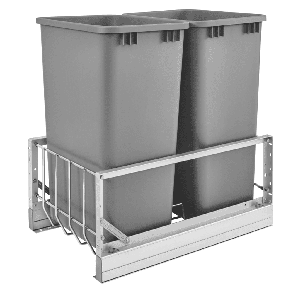 Double 50 QT Bottom-Mount Waste Container, Full-Extension Soft-Closing for 15" Cabinet Opening, Silver - Main Image