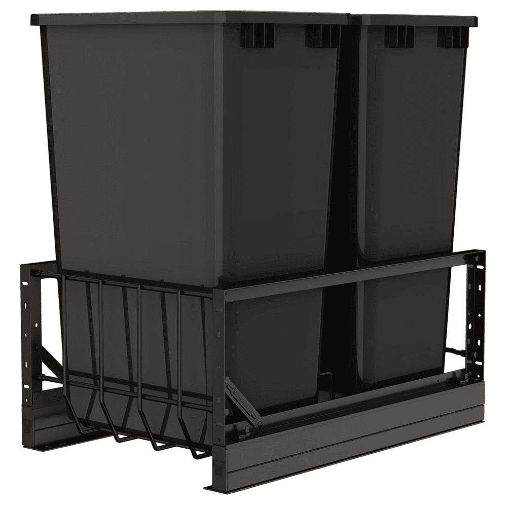 5349 Double 50 QT Aluminum Pullout Waste Container with 1-1/2" Over-Travel Soft-Close Slides, Black Main - Image