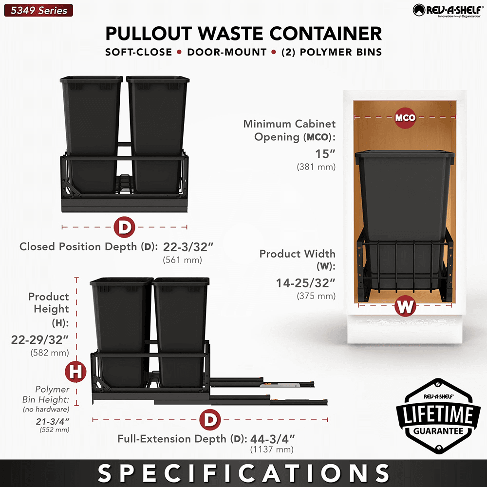 5349 Double 50 QT Aluminum Pullout Waste Container with 1-1/2" Over-Travel Soft-Close Slides, Black Alt 5 - Image