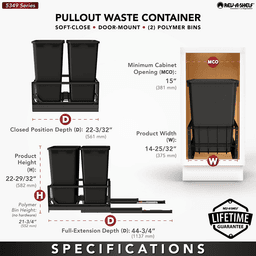5349 Double 50 QT Aluminum Pullout Waste Container with 1-1/2" Over-Travel Soft-Close Slides, Black Alt 5 - Image