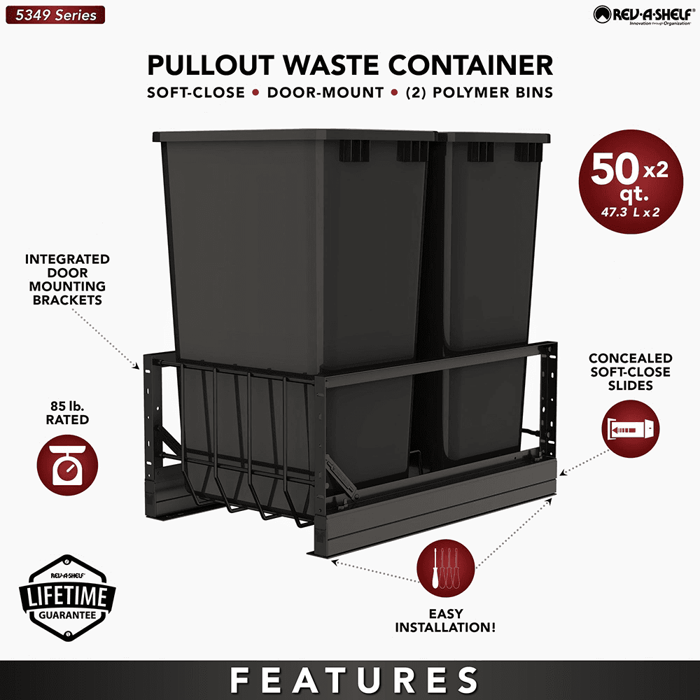 5349 Double 50 QT Aluminum Pullout Waste Container with 1-1/2" Over-Travel Soft-Close Slides, Black Alt 7 - Image