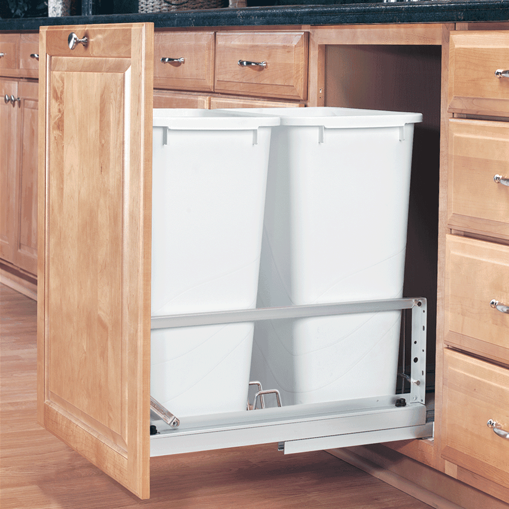 Double 50 QT Bottom-Mount Waste Container, Full-Extension Soft-Closing for 15" Cabinet Opening, White - Alt Image 1