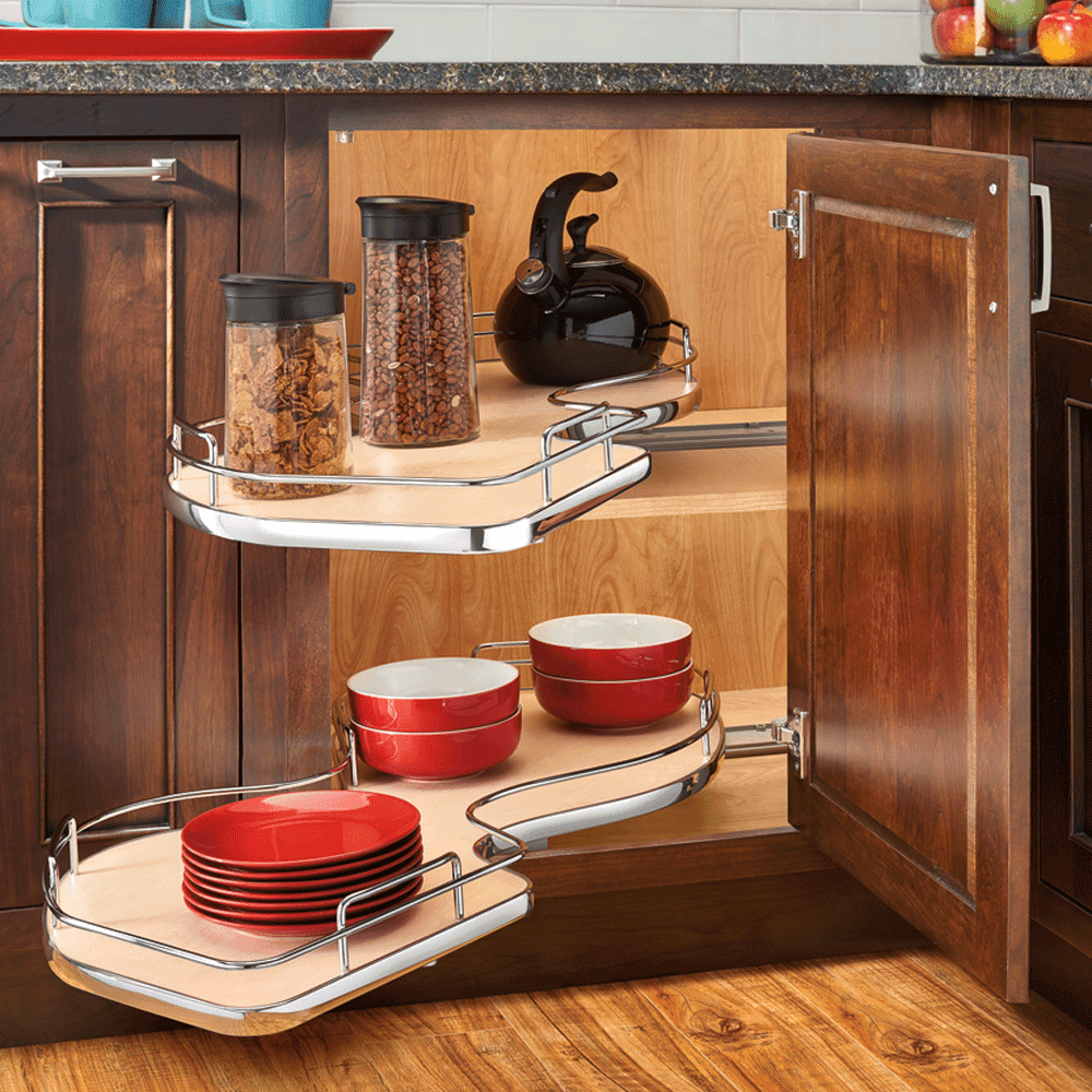 2-Tier Right-Hand The Cloud Blind Corner Cabinet Organizer for 18" Cabinet Opening, Chrome/Maple - Alt Image 1