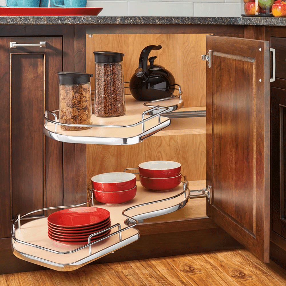 2-Tier Right-Hand The Cloud Blind Corner Cabinet Organizer for 21" Cabinet Opening, Chrome/Maple - Alt Image 1