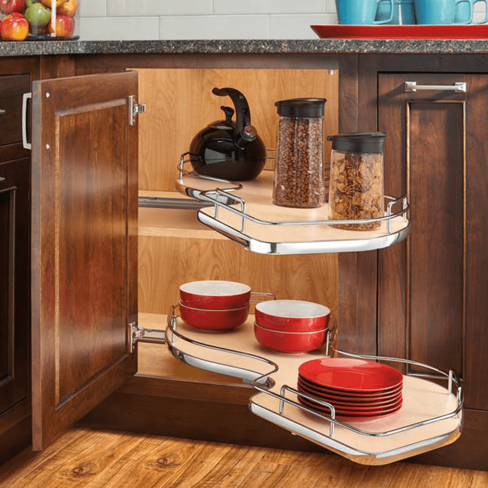 2-Tier Right-Hand The Cloud Blind Corner Cabinet Organizer for 21" Cabinet Opening, Chrome/Maple - Alt Image 2