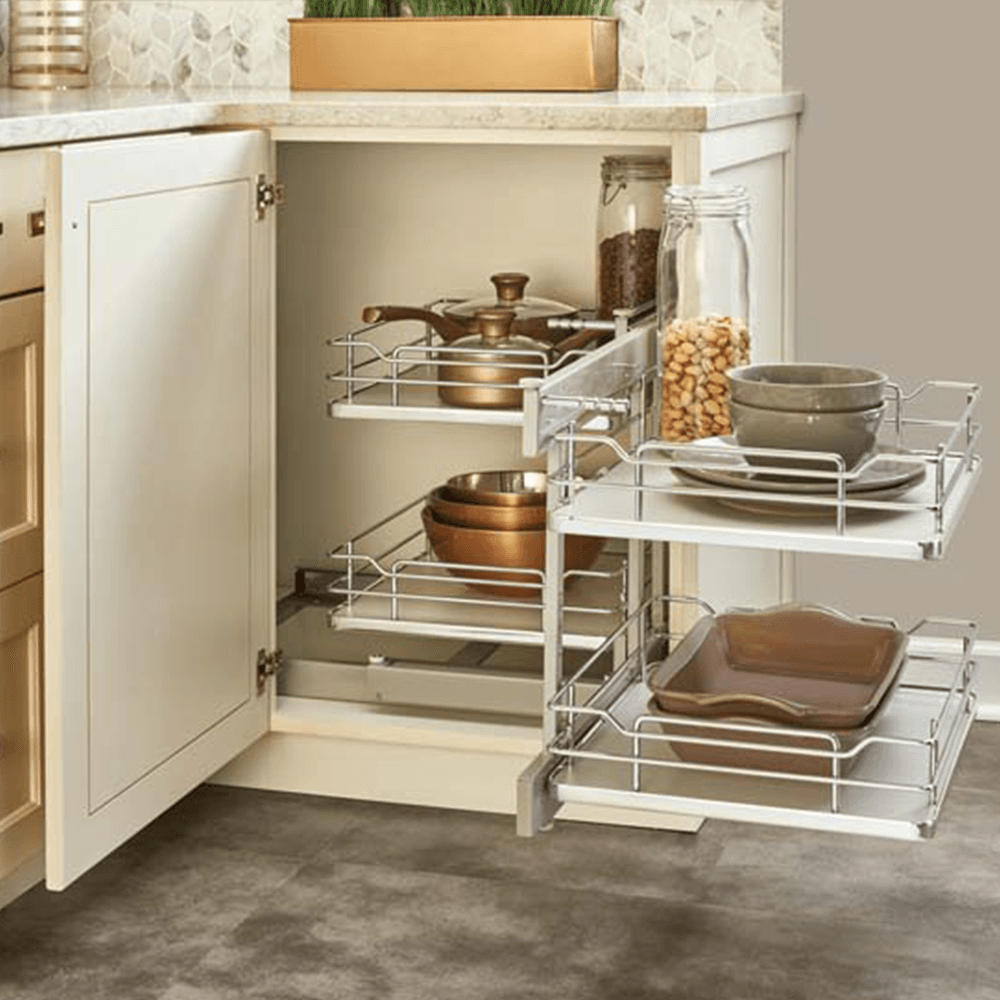 2-Tier Universal Blind Corner Optimizer with Soft-Closing for 15" Cabinet Opening, Chrome/Gray - Alt Image 1