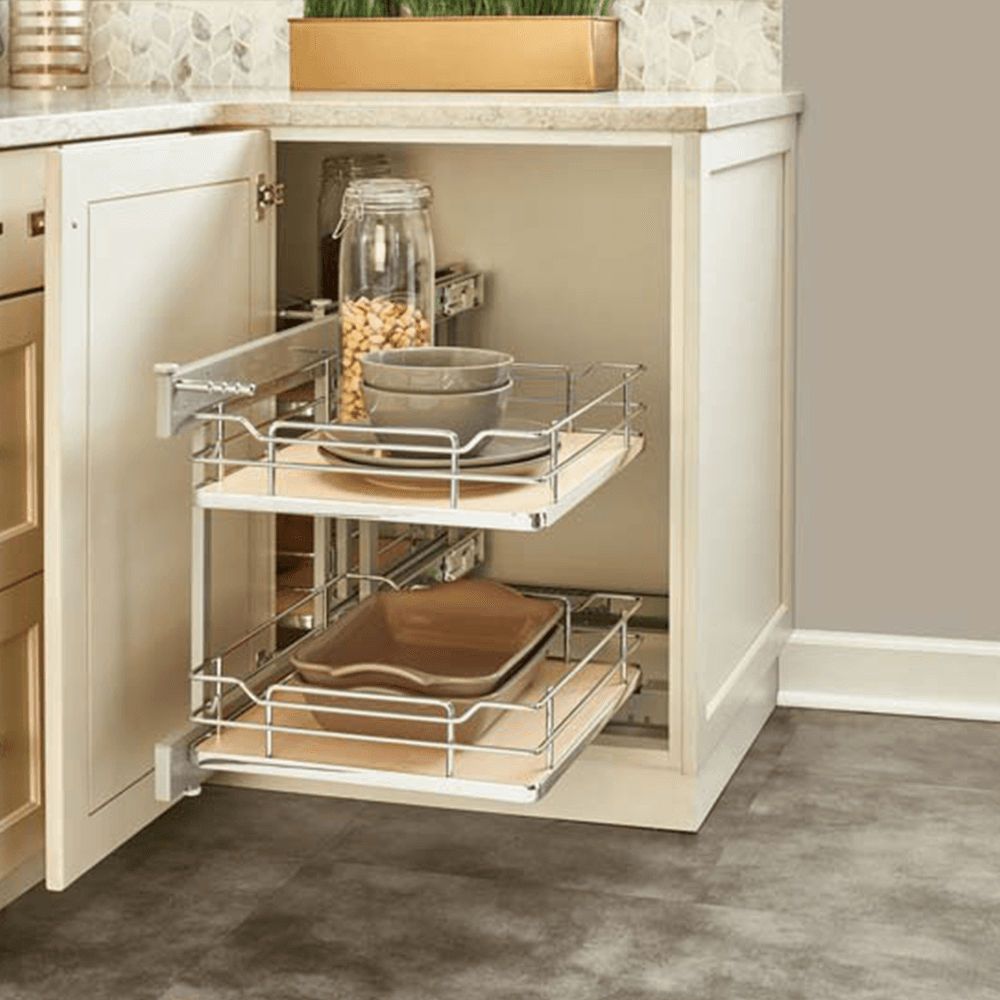 2-Tier Universal Blind Corner Optimizer with Soft-Closing for 15" Cabinet Opening, Chrome/Maple - Alt Image 2