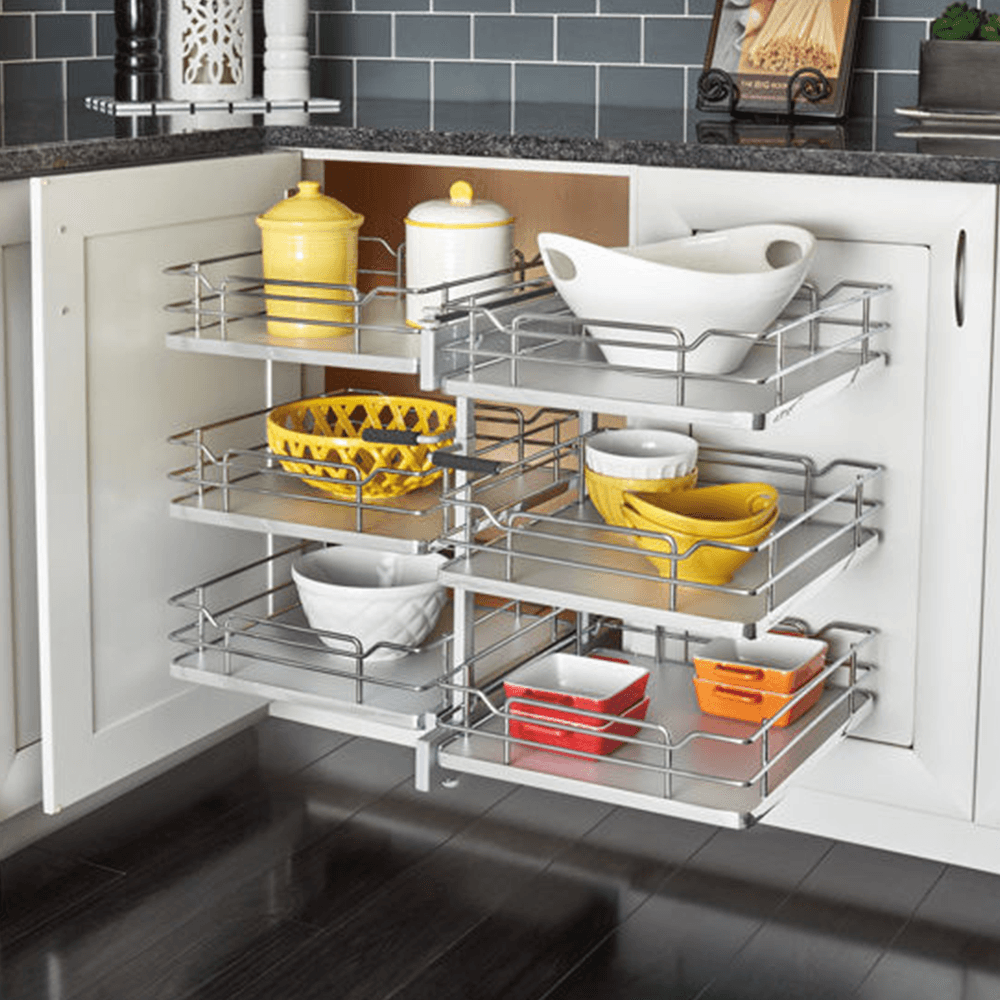 3-Tier Universal Blind Corner Optimizer with Soft-Closing for 15" Cabinet Opening, Chrome/Gray - Alt Image 2