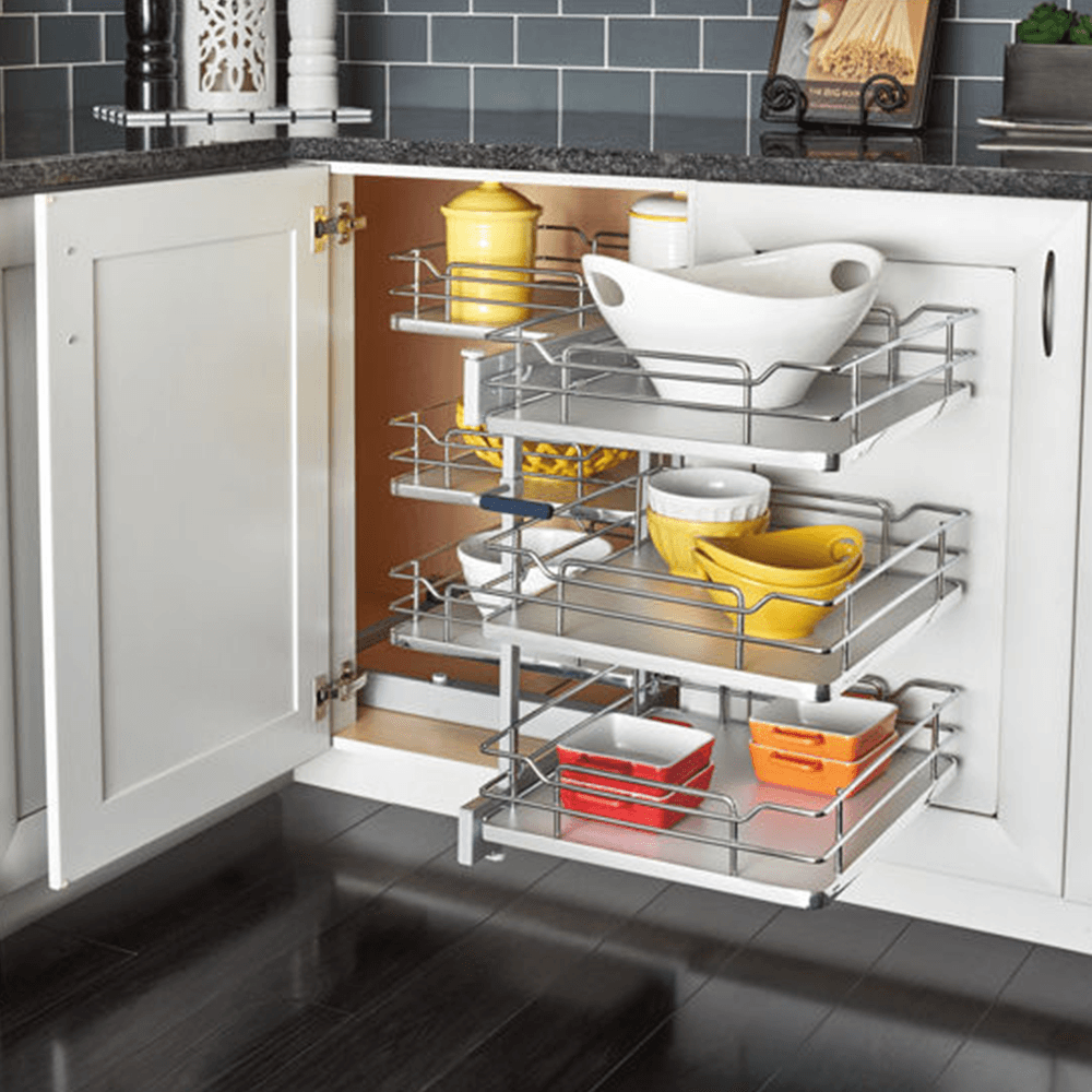 3-Tier Universal Blind Corner Optimizer with Soft-Closing for 15" Cabinet Opening, Chrome/Gray - Alt Image 3