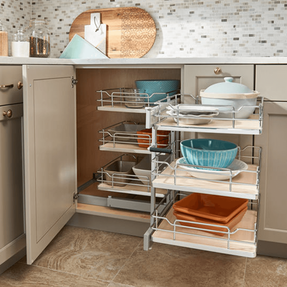 3-Tier Universal Blind Corner Optimizer with Soft-Closing for 15" Cabinet Opening, Chrome/Maple - Alt Image 1